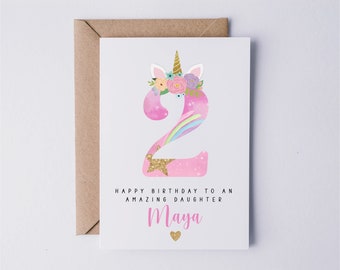 Personalised 2nd birthday card for her, unicorn, second birthday card, 2 today, card for daughter, granddaughter, niece, goddaughter,