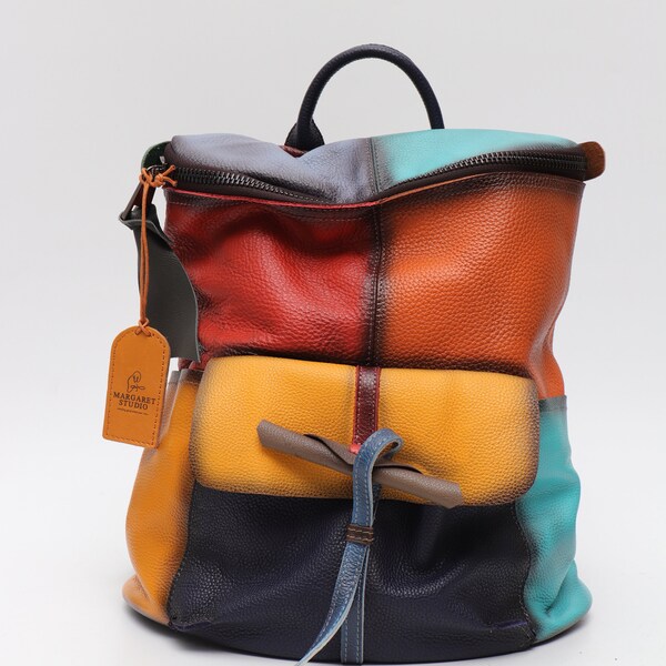 Leather rucksack, Handcrafted colorful backpack, Leather backpack, Laptop Backpack, College backpack, City backpack wife or girlfriend