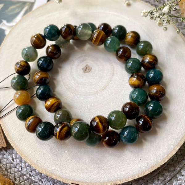 Tiger's Eye Bracelet, Moss Agate Beaded Jewelry, Natural Stone, Self Care Gift, Chakra Balancing, Mindfulness, Meditation, Energy Healing