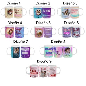 May include: Nine different designs for personalized mugs. Each mug features a different design with a couple's names, a heart, and a music note. The designs include "Roberto y Maria", "Te Amo", "Feliz dia de Amor", and "Feliz dia de San Valentin".