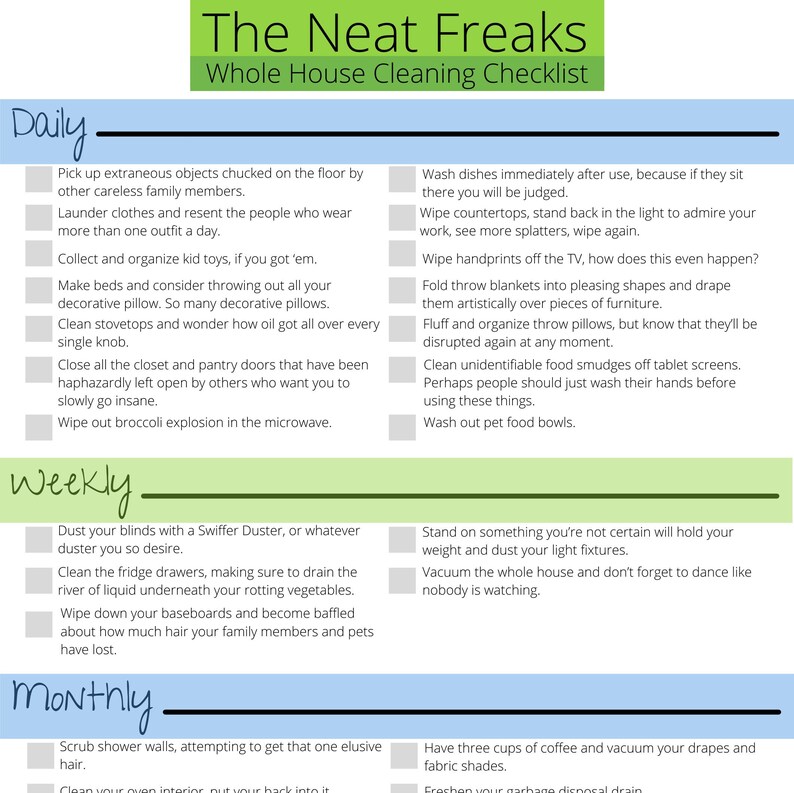 The Neat Freaks Whole House Cleaning Checklist Etsy