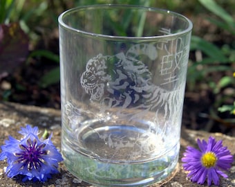 Personalized drinking glass with Asian tiger motif and Chinese characters