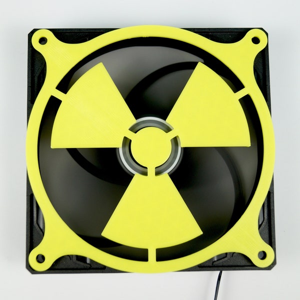 PC Lüfter Gitter 120mm slim - 3D gedruckt - mit Atom Radiation Symbol in neongelb als Motiv