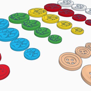 Puede incluir: Una colecci&oacute;n de botones coloridos de varios tama&ntilde;os y dise&ntilde;os. Los botones son rojos, azules, verdes, amarillos, blancos y naranjas. Algunos tienen huellas de patas, patrones de hojas o agujeros simples. Hechos de madera y pl&aacute;stico.