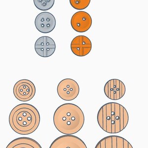 Puede incluir: Una colecci&oacute;n de botones de varios tama&ntilde;os y colores. Los botones son grises, naranjas y beige, con dos o cuatro agujeros. Algunos botones tienen una superficie lisa, mientras que otros tienen una textura de vetas de madera.