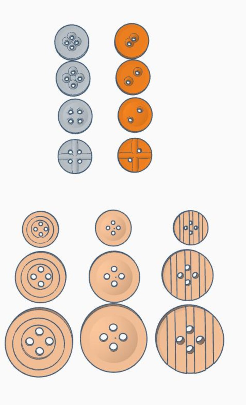 Puede incluir: Una colecci&oacute;n de botones de varios tama&ntilde;os y colores. Los botones son grises, naranjas y beige, con dos o cuatro agujeros. Algunos botones tienen una superficie lisa, mientras que otros tienen una textura de vetas de madera.
