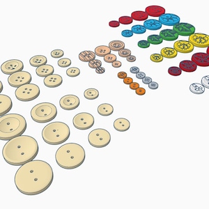 Könnte beinhalten: Eine Auswahl an farbenfrohen Knöpfen in verschiedenen Größen und Designs. Die Knöpfe sind in Reihen angeordnet und umfassen Farbtöne von Rot, Blau, Grün, Gelb und Weiß. Einige Knöpfe haben dekorative Muster.