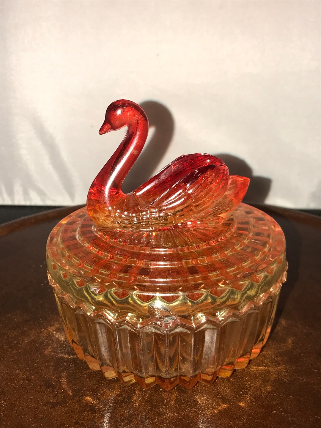 Amberina Powder Box Jar Bowl Swan Lip Stick Holder Glass
