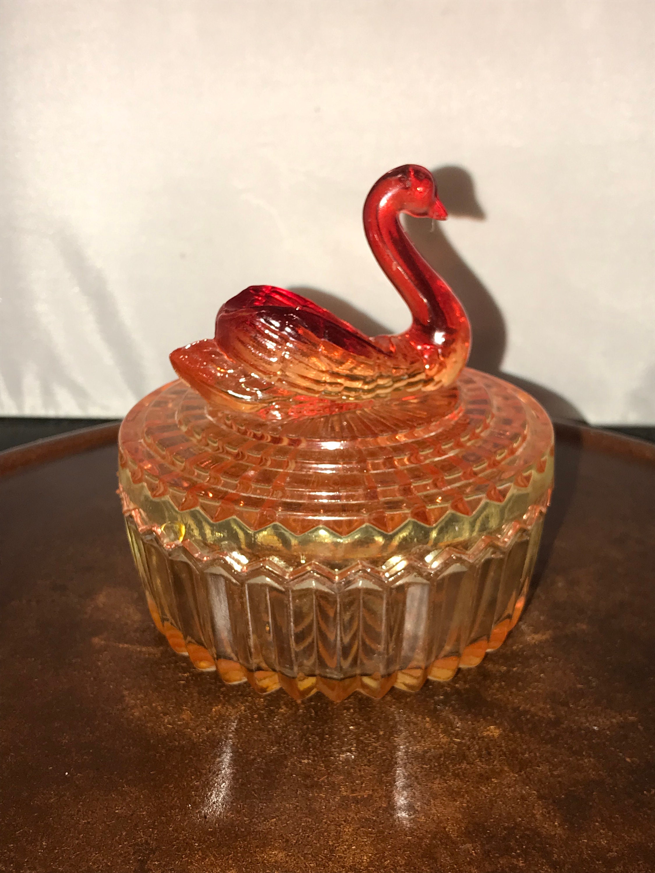 Amberina Powder Box Jar Bowl Swan Lip Stick Holder Glass