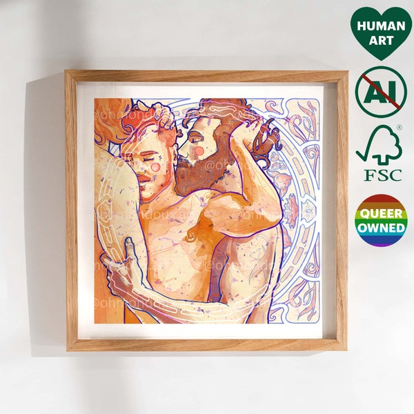 Gay Queer Art - Throuple, Art Nouveau, Queer Products - Birthday, Christmas Gift for Boyfriend, Friend - Queer Owned business