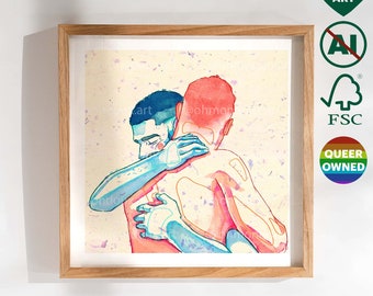 Cute Gay Couple Cuddling Art Print - Wedding Gift for Gay Friend Boyfriend - LGBT Pride Digital Painting - Bedroom, Living Room Wall Decor