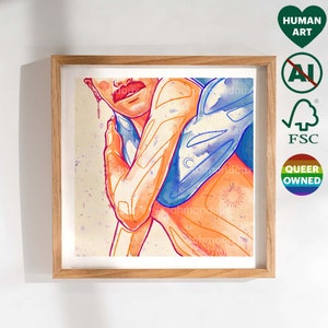 Cute Gay Couple Moustache Art Print - Wedding Gift for Gay Friend Boyfriend - LGBT Pride Digital Painting - Bedroom, Living Room Wall Decor