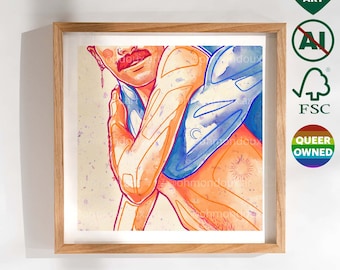 Cute Gay Couple Moustache Art Print - Wedding Gift for Gay Friend Boyfriend - LGBT Pride Digital Painting - Bedroom, Living Room Wall Decor