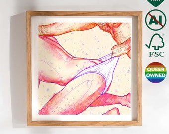 Gay Couple Art Print, White Briefs, "Not so fast"