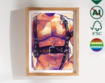 Hairy Gay Man Art Print, Leather Harness, "Tangled Emotions"