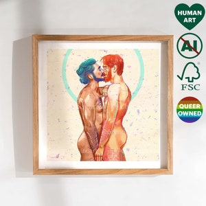 Stampa artistica di una coppia gay che si bacia - Regalo di Natale per fidanzato o marito - Opera d'arte LGBT Pride - Arte murale queer per soggiorno o camera da letto