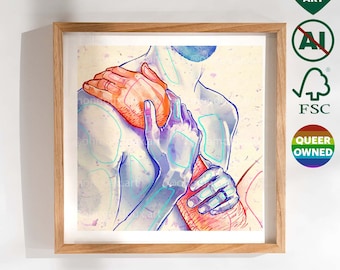 May include: A framed print of a digital illustration of two people embracing. The artwork is in a watercolor style with a light background and features blue, pink, and orange hues.