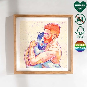 Stampa artistica di una coppia gay che si abbraccia - Regalo di Natale per il fidanzato di un amico gay - Dipinto digitale LGBT Pride - Decorazione da parete per camera da letto e soggiorno