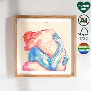 Cute Gay Couple Cuddling Art Print - Gift for Gay Friend Boyfriend - LGBT Pride Painting - Bedroom, Living Room Wall Decor