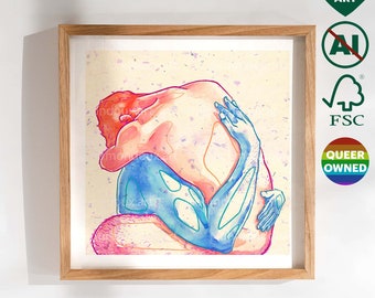 May include: A framed illustration of two figures embracing. The figures are drawn in a stylized, line-art style with a watercolor wash. The figures are in a warm, peachy color with blue and pink accents.