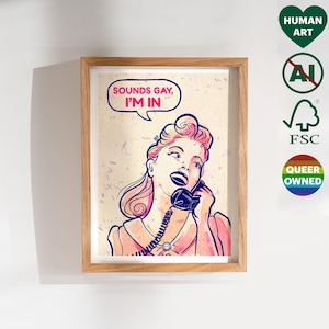 Impression d'art / carte sons gays rétro - cadeau de Noël pour ami allié - peinture numérique fierté LGBT - décoration murale chambre, salon