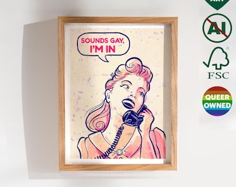 Impressão artística/cartão Retro Sounds Gay I'm In - Presente de Natal para amigo aliado - Pintura digital do orgulho LGBT - Decoração de parede para quarto e sala de estar