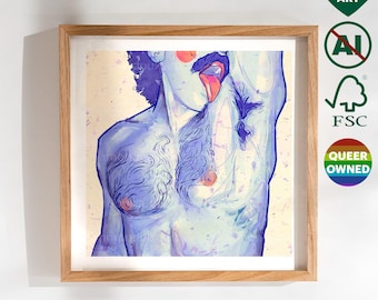 May include: Watercolor artwork of a torso in shades of blue, with pink accents on the nipples and mouth. The artwork is framed in a light wood frame. The image includes a "Human Art" heart, an "AI" symbol with a slash, an FSC logo, and a "Queer Owned" rainbow circle.