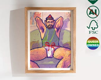 Gejowski świąteczny elf ze Świętym Mikołajem – uroczy prezent dla przyjaciela, chłopaka i męża geja. Sztuka LGBT Pride do salonu i sypialni