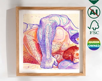 Grafika z gejowskimi, włochatymi tatusiami. Prezent urodzinowy i świąteczny dla chłopaka i przyjaciela geja. Urocza para umięśnionych misiów przytula się. Sklep prowadzony przez osoby queerowe. LGBT Pride.