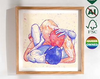 Könnte beinhalten: Eine digitale Illustration von drei Figuren in einer engen Umarmung. Die Figuren sind in einer lebendigen Farbpalette aus Pink, Blau und Orange gezeichnet. Das Kunstwerk ist vor einem hellgelben Hintergrund mit einem subtilen Aquarelleffekt platziert.
