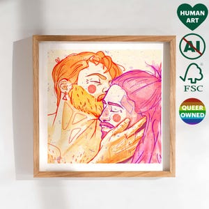 Cute Gay Couple Kissing Art Print - Christmas Gift for Gay Friend Boyfriend - LGBT Pride Digital Painting - Bedroom, Living Room Wall Decor