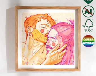 Cute Gay Couple Kissing Art Print - Christmas Gift for Gay Friend Boyfriend - LGBT Pride Digital Painting - Bedroom, Living Room Wall Decor