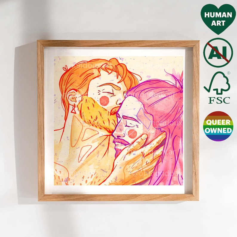 Cute Gay Couple Kissing Art Print - Christmas Gift for Gay Friend ...