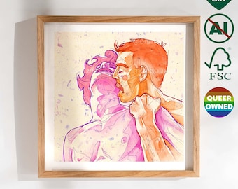Cute Gay Couple Art Print - Christmas Gift for Gay Friend Boyfriend - LGBT Pride Digital Painting - Bedroom, Living Room Wall Decor