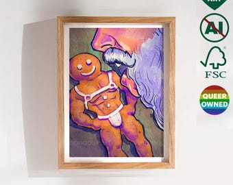 Gejowski świąteczny obrazek z Mikołajem w kształcie ciasteczka – uroczy prezent dla gejowskiego przyjaciela, chłopaka, męża. Sztuka LGBT Pride do salonu i sypialni