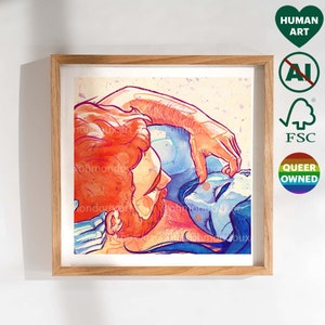 Cute Gay Couple Cuddling Art Print - Christmas Gift for Gay Friend Boyfriend - LGBT Pride Digital Painting - Bedroom, Living Room Wall Decor