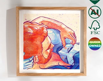 Cute Gay Couple Cuddling Art Print - Christmas Gift for Gay Friend Boyfriend - LGBT Pride Digital Painting - Bedroom, Living Room Wall Decor