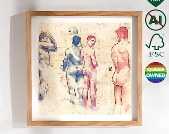 Sztuka łazienkowa w saunie dla gejów. Prezent urodzinowy i świąteczny dla chłopaka lub przyjaciela. Produkty artystyczne o tematyce gejowskiej, queer, od firmy prowadzonej przez osoby queer. LGBT Pride