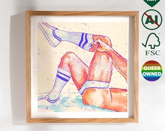 May include: A colorful illustration of a person wearing white socks with blue stripes and a white underwear. The person is lying on their side with their leg bent and their hand holding the sock.