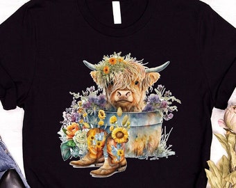 Cow Shirt, Cute Highland Cow T-Shirt, Flower Shirt, Cow Graphic Tees, Gift for Her, Cow Vneck Shirt, Shirt for Women, Floral Tee, Farm Shirt