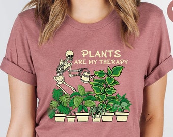 Funny Therapy Shirts, Garden Gifts, Plants Are My Therapy T-Shirt, Gardener Shirt, Plant Vneck Shirt, Skeleton Plants Graphic Tees