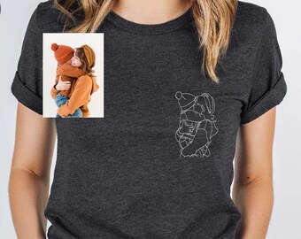 Custom Portrait from Photo, Mothers Day Gift, Personalized Mom Gift, Customized Mommy and Me Portrait, Mom Line Drawing Pocket Shirt