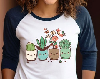 Chemise raglan végétale, mignons t-shirts de baseball succulentes, chemise à manches raglan cactus, t-shirt raglan floral, chemise raglan de jardinage, raglan botanique