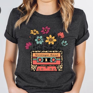 Vintage Soul T Shirt, Retro Shirts, Gift for Her, Womens Clothing, Floral Graphic Tees, Flowers Vneck TShirts, Wild Flower Outfit