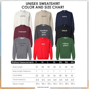 an image of a long sleeved shirt with the text, color and size chart