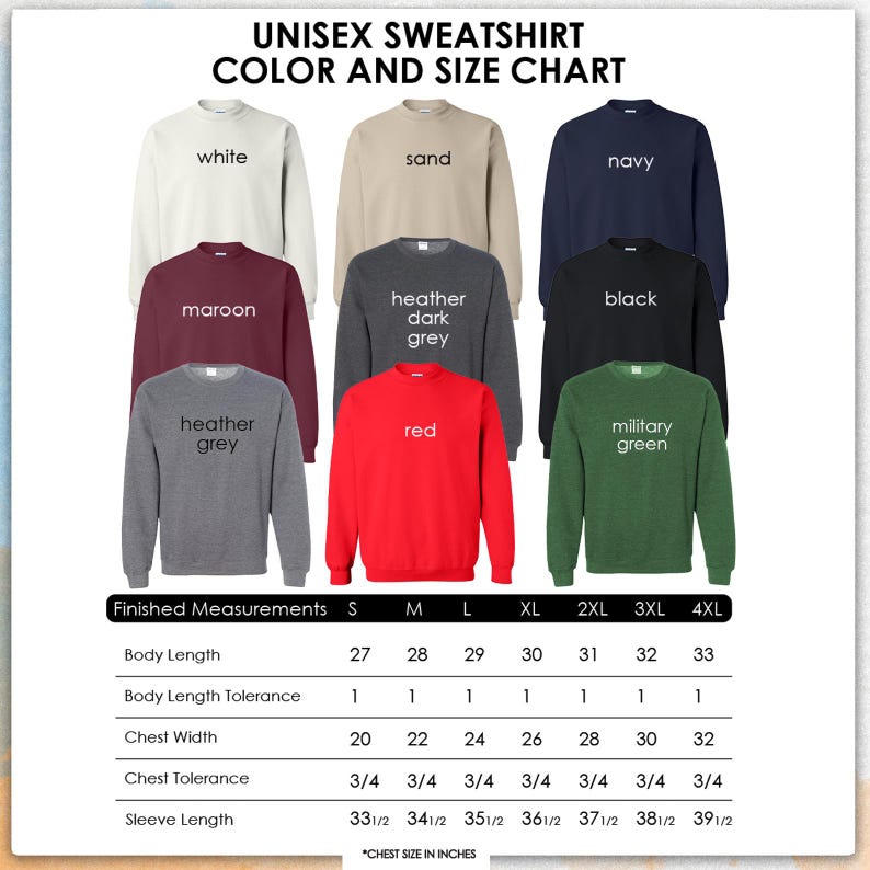 an image of a long sleeved shirt with the text, color and size chart