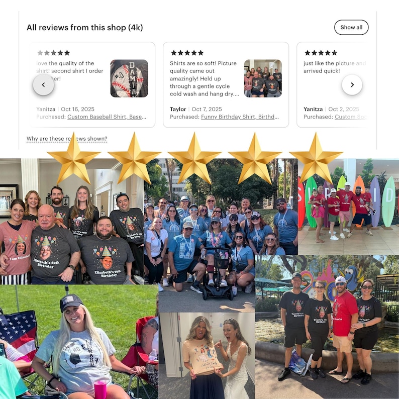 Puede incluir: Un collage de rese&ntilde;as de clientes y fotos. Las rese&ntilde;as presentan texto y valoraciones por estrellas. Las fotos muestran grupos de personas que usan camisetas personalizadas, incluidas camisetas de cumplea&ntilde;os y camisetas con dise&ntilde;os de b&eacute;isbol. La tienda tiene 4.000 rese&ntilde;as.