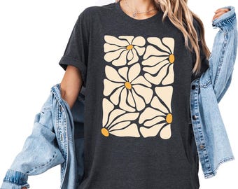 Retro Brown Floral Shirt, 70s Flower Shirt, Earth Tone Boho Graphic Shirt, Vintage Fall Aesthetic Shirt, Minimal Botanical Shirt for Women