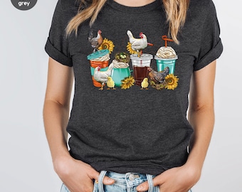 Chicken Shirt, Coffee Shirt, Chicken Mom Graphic Tees, Shirt for Women, Farm Shirt, Gift for Her, Farmer Vneck Shirt, Coffee T-Shirt