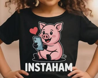 Cute "Instaham" Pig with Phone Youth Graphic Tee, Funny Social Media Piglet Kids Shirt, Farm Animal Lover Gift